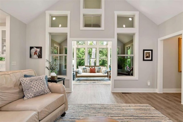 living room with hardwood / wood-style flooring and high vaulted ceiling