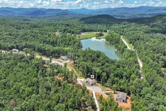 bird's eye view with a water and mountain view