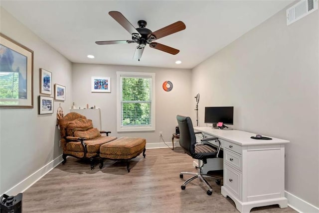 office area featuring ceiling fan and light hardwood / wood-style flooring