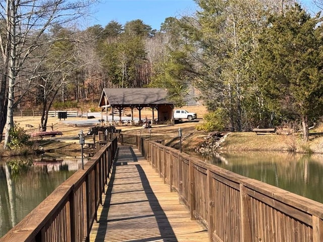 dock area featuring a water view and a gazebo