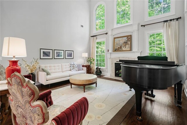 sitting room featuring a healthy amount of sunlight, a high ceiling, and a premium fireplace