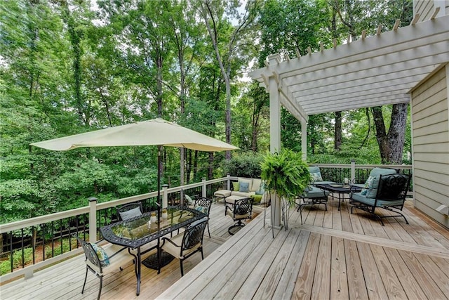 wooden deck featuring outdoor lounge area, a pergola, and outdoor dining space