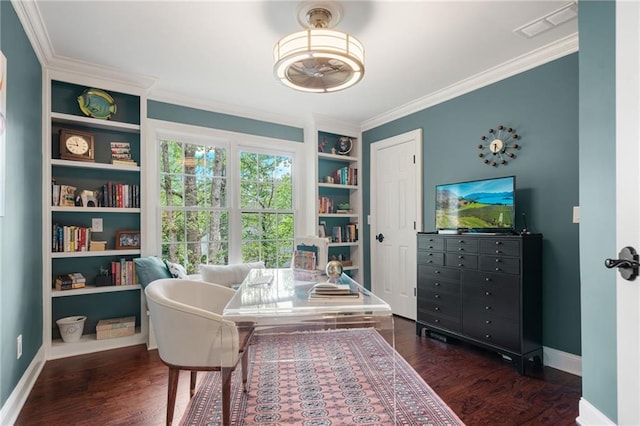 living area featuring visible vents, ornamental molding, built in features, and dark wood-style flooring
