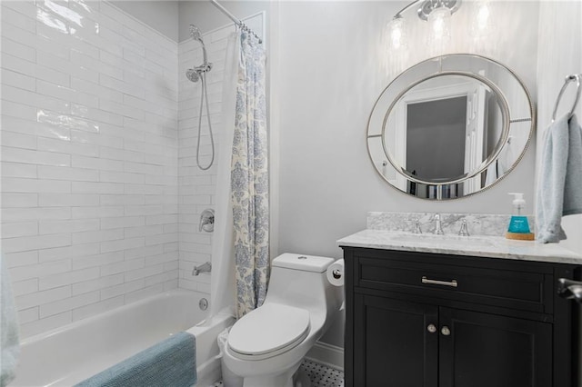 full bathroom featuring toilet, shower / bathtub combination with curtain, and vanity