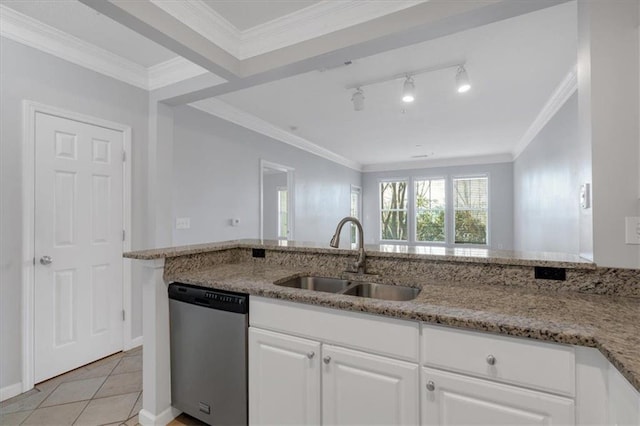 kitchen featuring sink, stainless steel dishwasher, white cabinets, and light stone counters