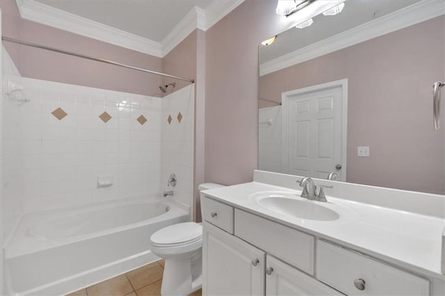 full bathroom with tile patterned floors, toilet, tiled shower / bath, and crown molding