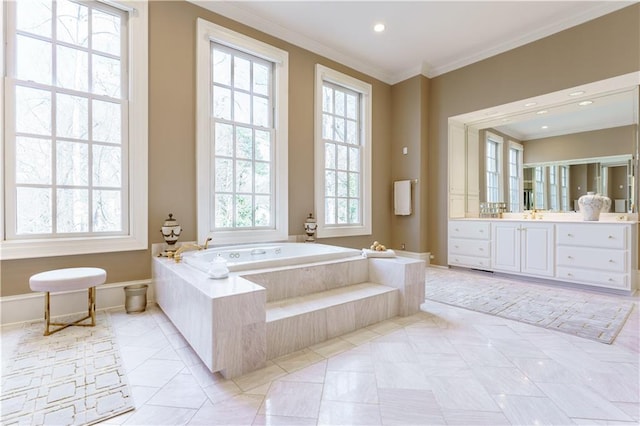 bathroom with crown molding, vanity, a relaxing tiled tub, and tile patterned flooring