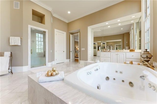 bathroom with crown molding, shower with separate bathtub, and vanity