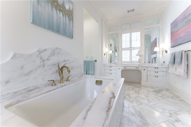 bathroom featuring vanity, ornamental molding, and a tub to relax in