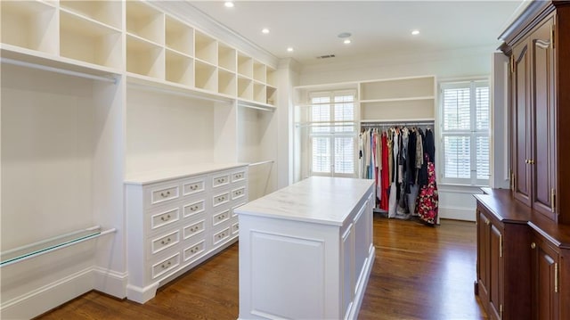 walk in closet with dark wood-type flooring