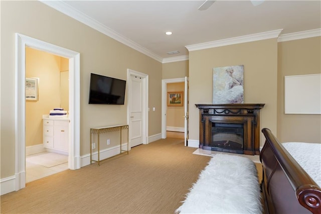 carpeted living room with crown molding