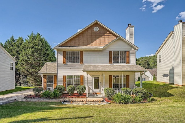 view of front of home with covered porch and a front lawn