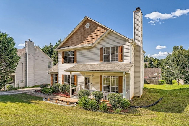 traditional-style home with a porch, a front lawn, and a chimney