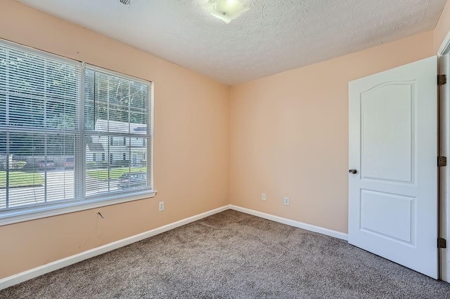 carpeted empty room with plenty of natural light, a textured ceiling, and baseboards