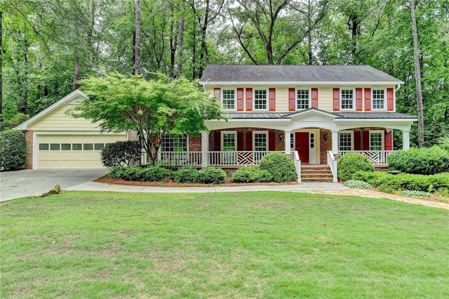 5507 Martina Way, Dunwoody, GA 30338 - colonial house with driveway, a porch, an attached garage, a front lawn, and brick siding
