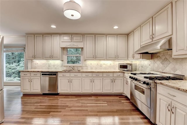5507 Martina Way, Dunwoody, GA 30338 - kitchen featuring stainless steel appliances, under cabinet range hood, a sink, light wood-style floors, and healthy amount of natural light