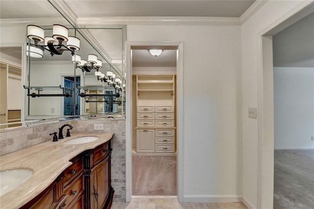 5507 Martina Way, Dunwoody, GA 30338 - full bathroom with double vanity, a spacious closet, a chandelier, and crown molding