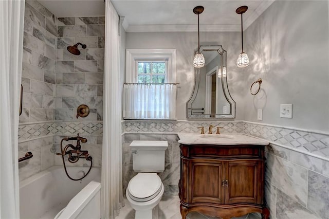 5507 Martina Way, Dunwoody, GA 30338 - full bathroom featuring tile walls, vanity, toilet, shower / bath combo, and ornamental molding