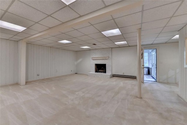 5507 Martina Way, Dunwoody, GA 30338 - unfurnished living room featuring baseboard heating, a paneled ceiling, carpet, and a fireplace
