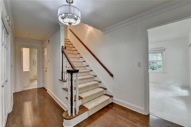 5507 Martina Way, Dunwoody, GA 30338 - staircase with wood finished floors, ornamental molding, and baseboards
