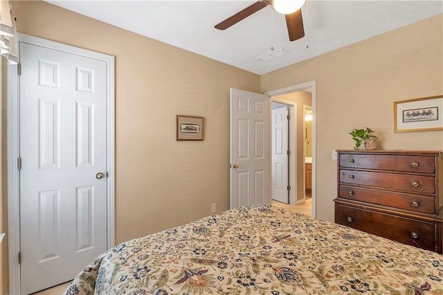 bedroom featuring visible vents and a ceiling fan