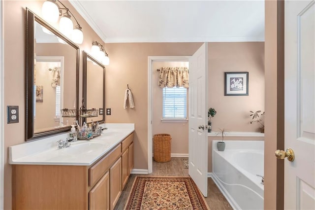 bathroom featuring a sink, a garden tub, ornamental molding, and double vanity