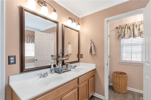 bathroom featuring double vanity, ornamental molding, baseboards, and a sink