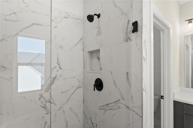 1941 Quarry Park Pl NW, Atlanta, GA 30318 - bathroom with vanity, a marble finish shower, and toilet