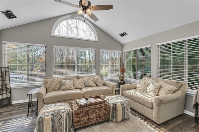 sunroom with vaulted ceiling and ceiling fan