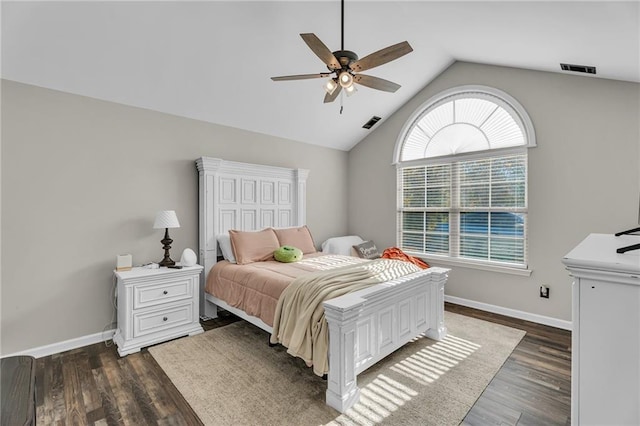 bedroom featuring lofted ceiling, dark hardwood / wood-style floors, and ceiling fan