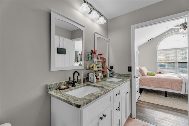 bathroom with ceiling fan, vanity, and wood-type flooring