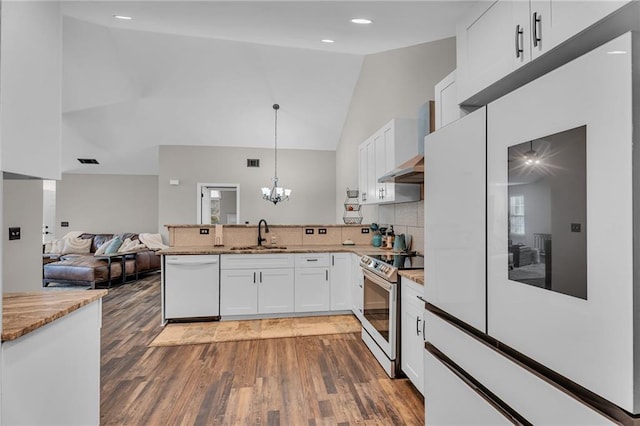 kitchen with white cabinetry, dishwasher, sink, stainless steel range with electric stovetop, and wall chimney exhaust hood