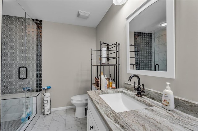 bathroom with walk in shower, vanity, and toilet