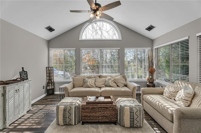 living room featuring wood-type flooring, high vaulted ceiling, and ceiling fan