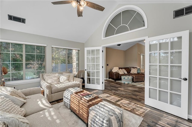 sunroom featuring french doors, ceiling fan, and lofted ceiling