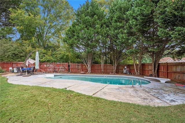 view of pool with a lawn and a patio area