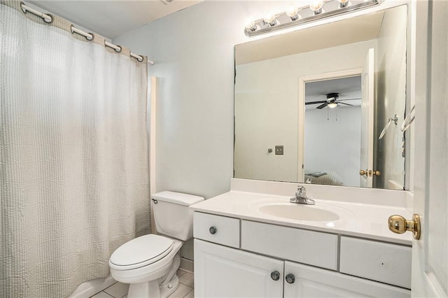 bathroom featuring tile patterned floors, vanity, ceiling fan, toilet, and curtained shower