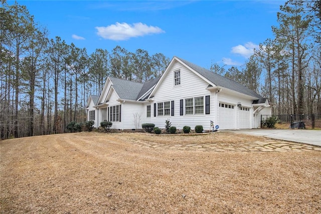 view of front of house with a garage, fence, driveway, crawl space, and a front lawn