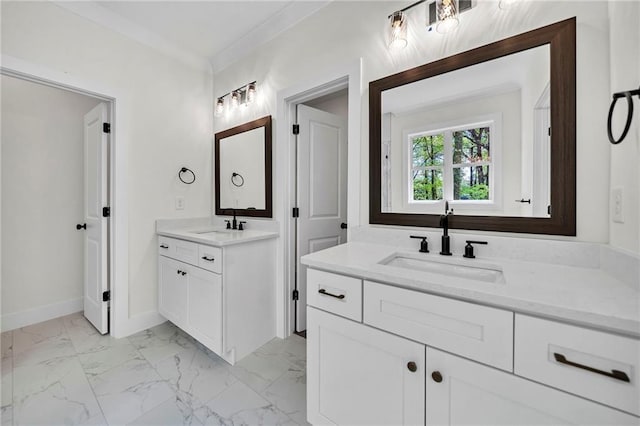 1664 Crestridge Dr SE, Marietta, GA 30067 - full bath featuring two vanities, marble look tiles, and baseboards