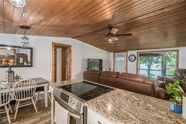370 David Williams Rd, Sparta, GA 31087 - kitchen with stainless steel range with electric stovetop, wood finished floors, open floor plan, wood ceiling, and vaulted ceiling