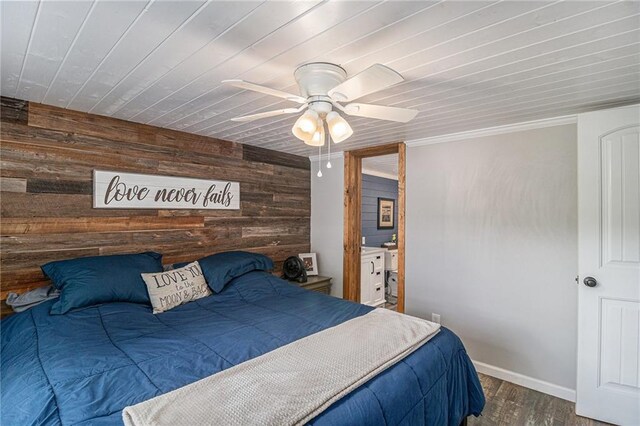 370 David Williams Rd, Sparta, GA 31087 - bedroom featuring wood walls, wood finished floors, baseboards, ceiling fan, and wood ceiling
