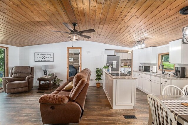 370 David Williams Rd, Sparta, GA 31087 - kitchen with independent washer and dryer, vaulted ceiling, a sink, wooden ceiling, and open floor plan