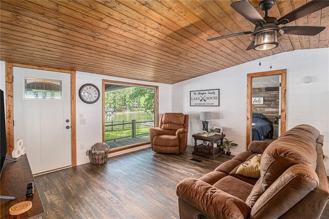 370 David Williams Rd, Sparta, GA 31087 - living room featuring wooden ceiling, a ceiling fan, vaulted ceiling, and wood finished floors