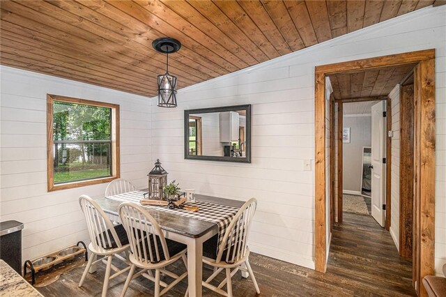 370 David Williams Rd, Sparta, GA 31087 - dining room with wooden walls, wood ceiling, lofted ceiling, and dark wood-type flooring