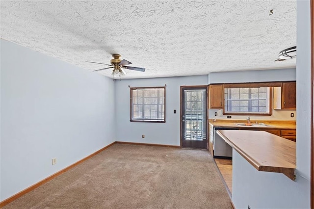 kitchen featuring ceiling fan, dishwasher, sink, a textured ceiling, and light carpet