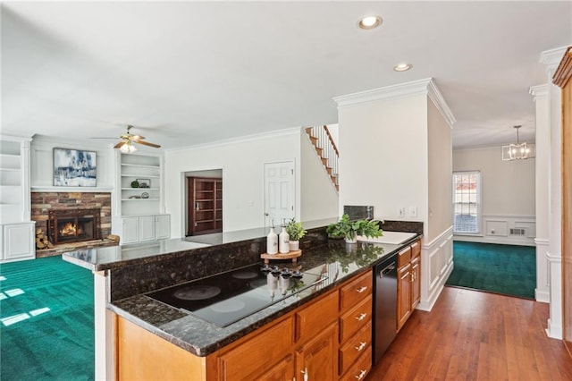 kitchen featuring built in shelves, black electric stovetop, a wainscoted wall, dishwashing machine, and a stone fireplace