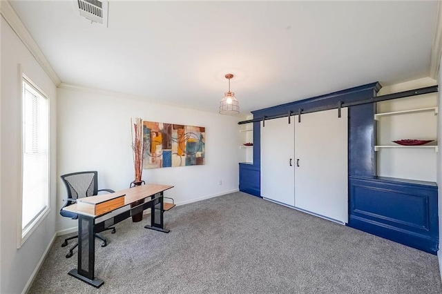 office space with ornamental molding, carpet, and a healthy amount of sunlight