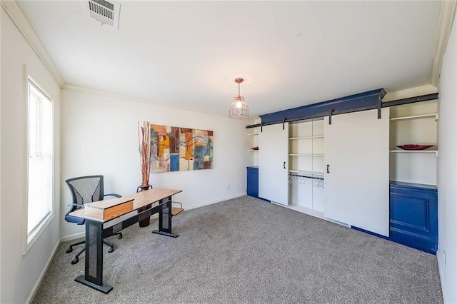 carpeted office featuring ornamental molding