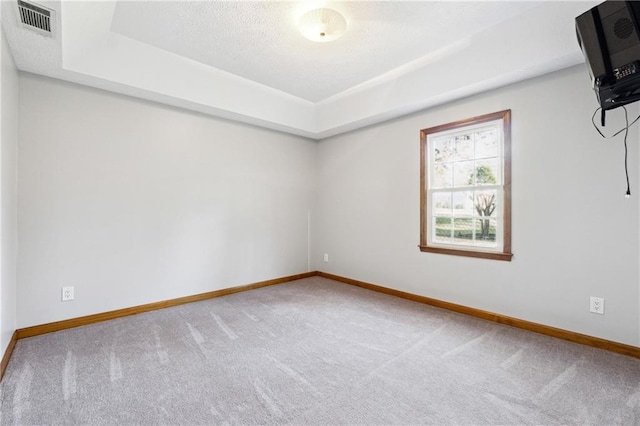 spare room featuring carpet and a tray ceiling