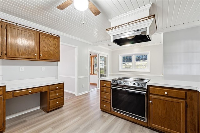 kitchen with ceiling fan, crown molding, wooden ceiling, range, and light hardwood / wood-style floors